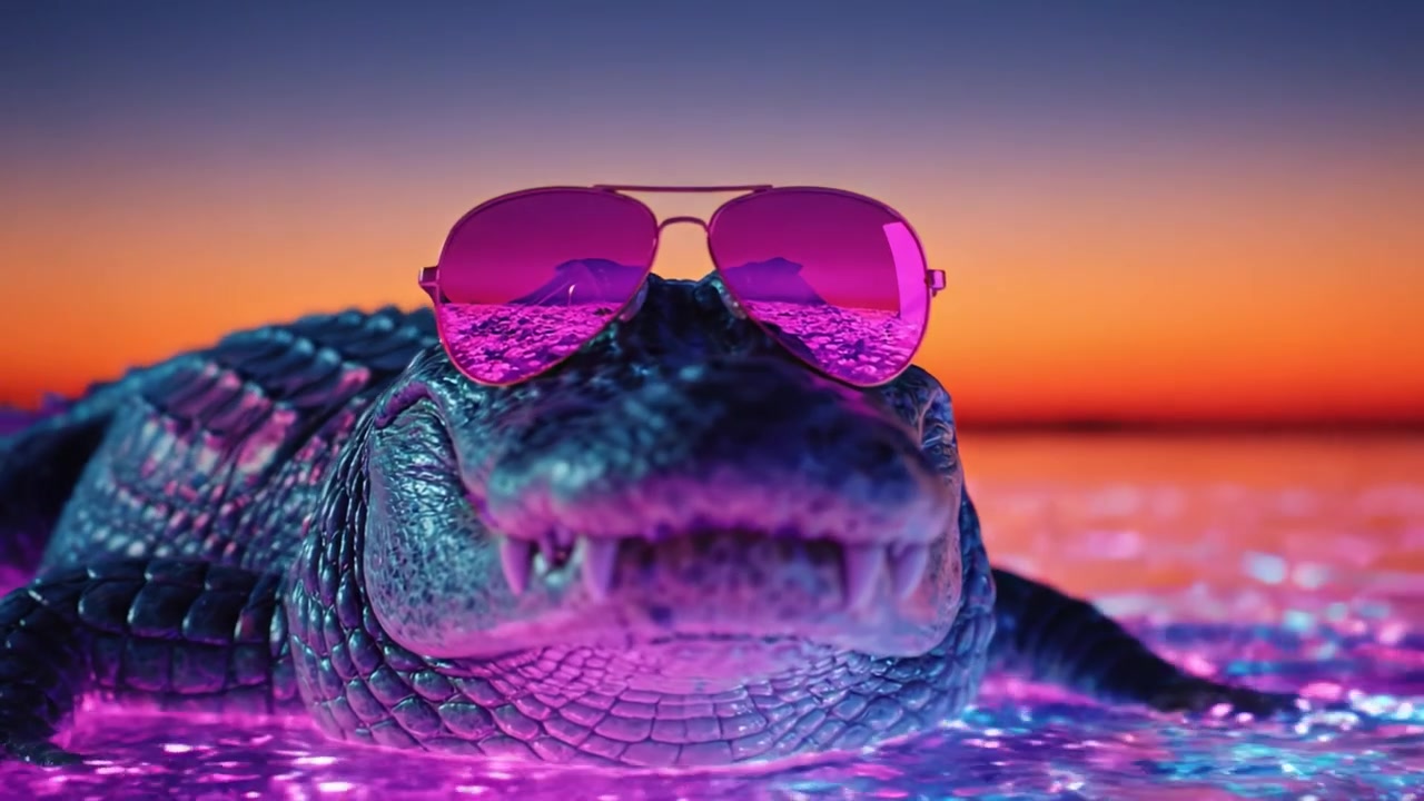 Çarpıcı Bir Gün Batımının Altında Canlı Neon Sularında Rahatlayan, Şık Pembe Güneş Gözlüğü Takmış Havalı Bir Timsah, Sakin Havanın ve Doğanın Güzelliğinin Özünü Yakalıyor
