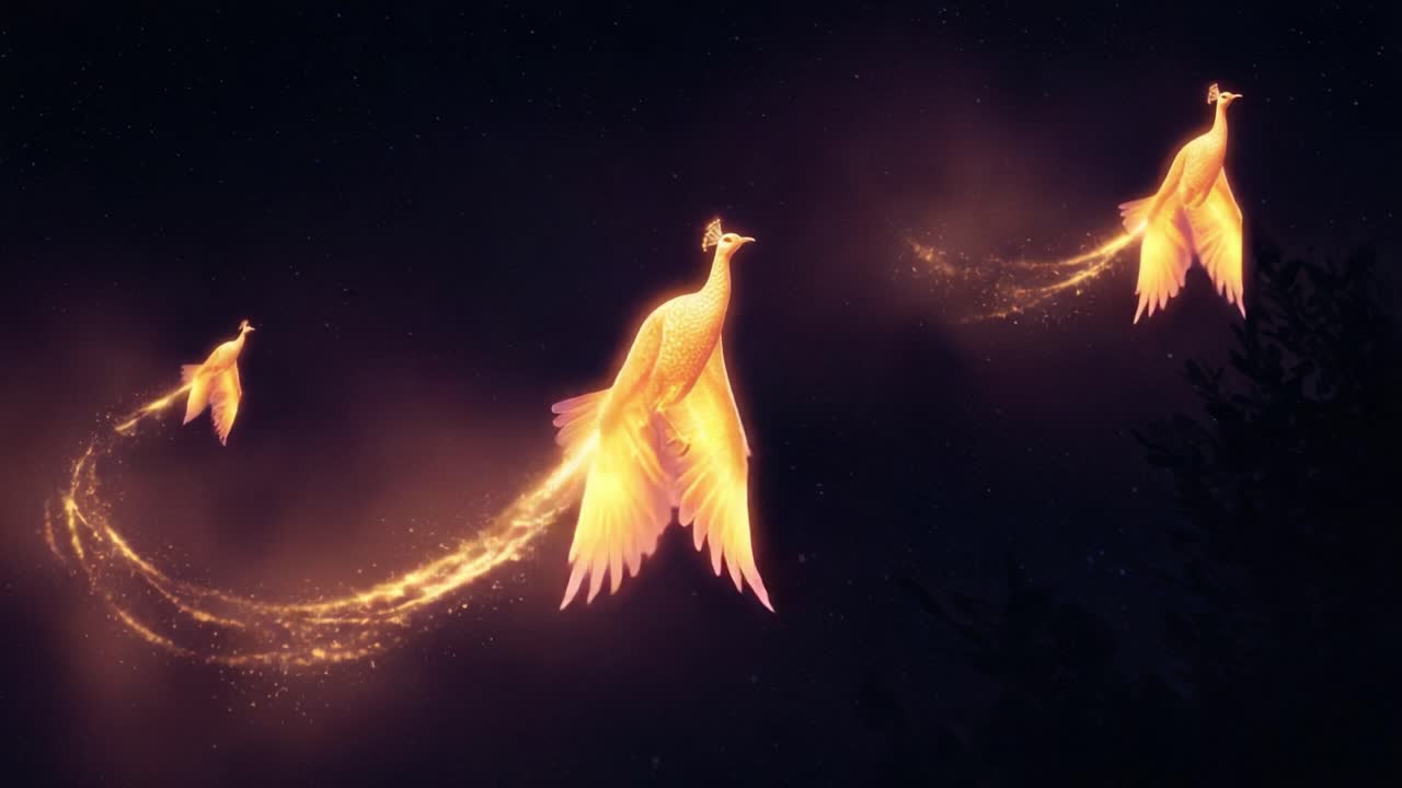 A Majestic Journey of Ethereal Birds Illuminated by Sparkling Stardust in a Mystical Night Sky, Capturing the Essence of Freedom and Wonder