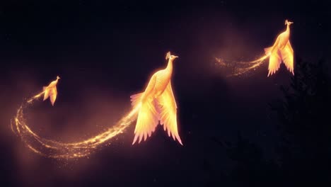 a majestic journey of ethereal birds illuminated by sparkling stardust in a mystical night sky, capturing the essence of freedom and wonder