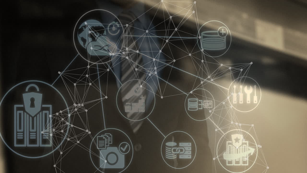 animación de la red de conexiones con iconos sobre empresario caucásico