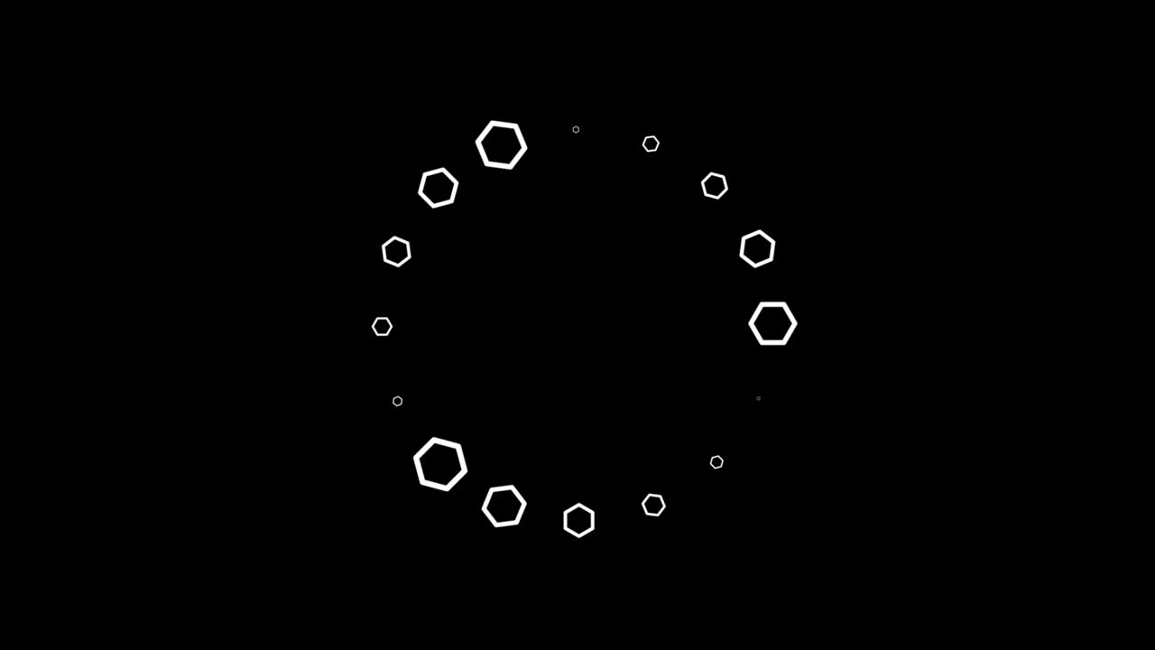 검은색 배경에서 서로 원형으로 배열 된 색 육각형 아이콘의 애니메이션 - 로딩 진행을 나타내는 지표 - 원활한 루핑 - 비디오 애니메이션 배경.