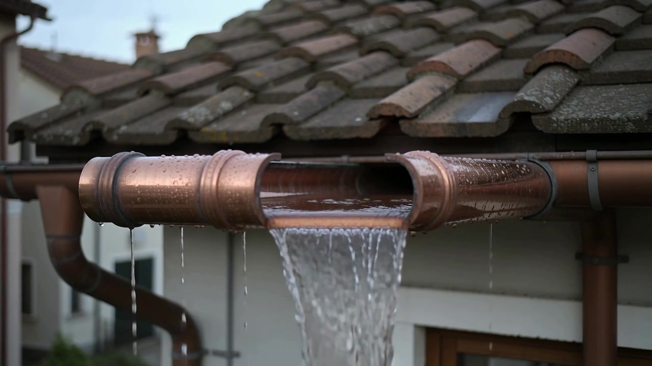Falling rainwater filling copper gutter and pouring through cut-out on tiled roof, droplets forming