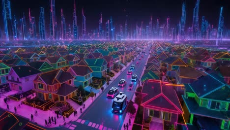 vecindario futurista con vehículos autónomos