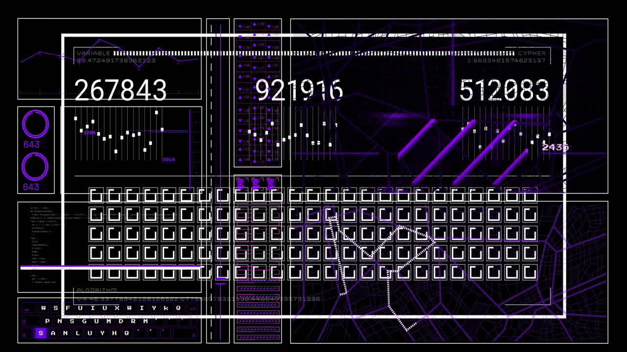 Animation of data processing and diagrams on black background