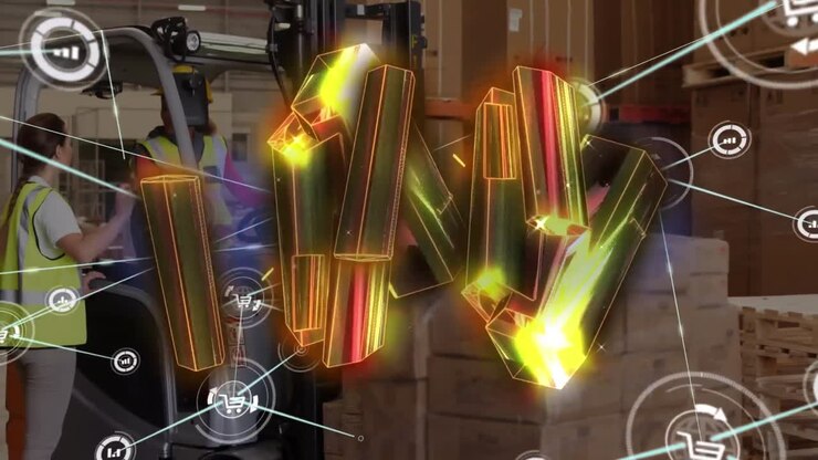 Golden crystals and network of digital icons against working using forklift vehicle at warehouse
