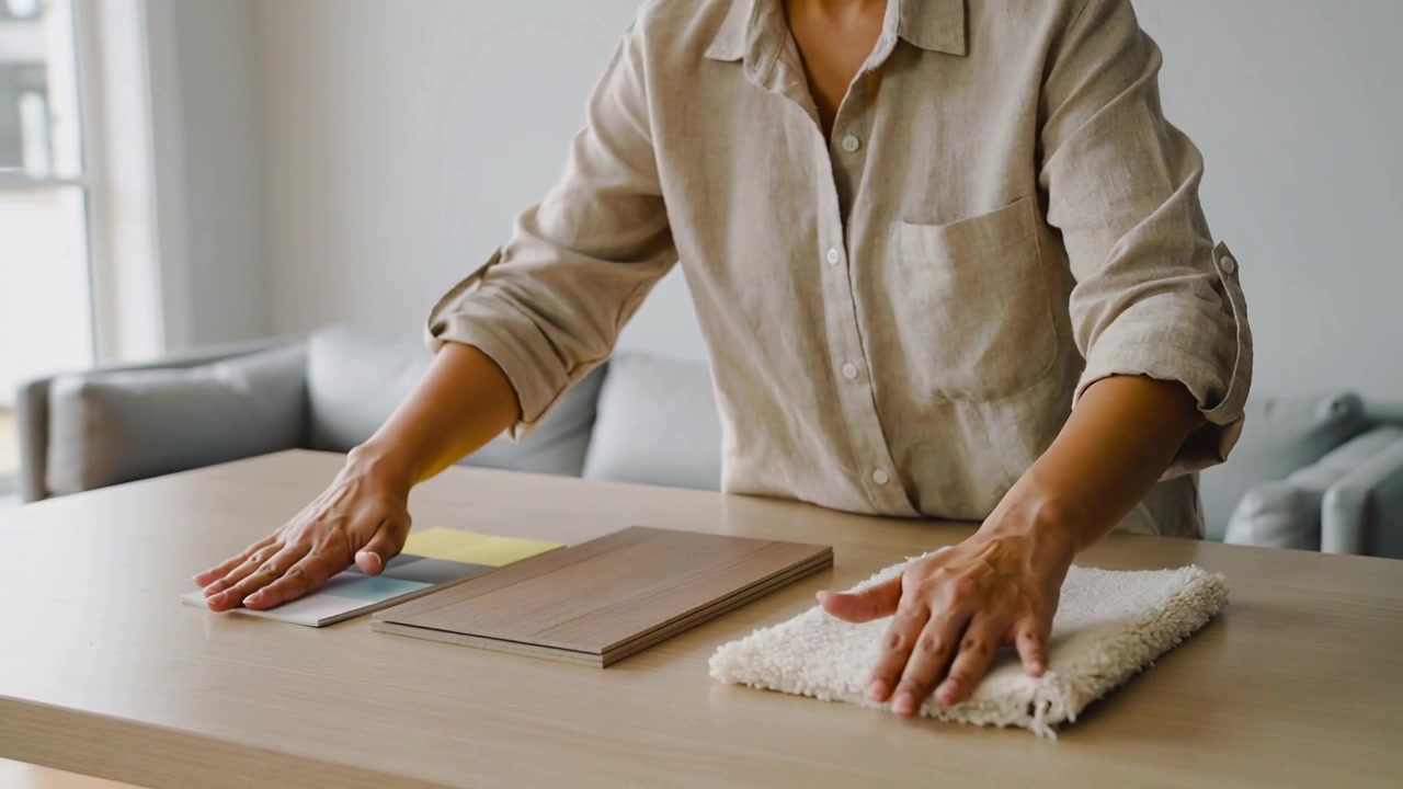 Lifting color swatch, woman in linen shirt aligning wood, rug samples on light table for selection