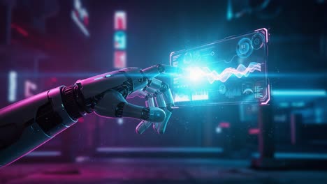 futuristic robotic hand interacting with a holographic display, showcasing advanced technology and vibrant neon lights in a digital environment