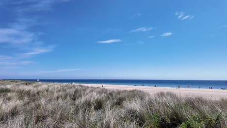 La-Playa-En-Cámara-Lenta,-Sin-Gente,-Pasto,-Mitad-Y-Agua-Azul