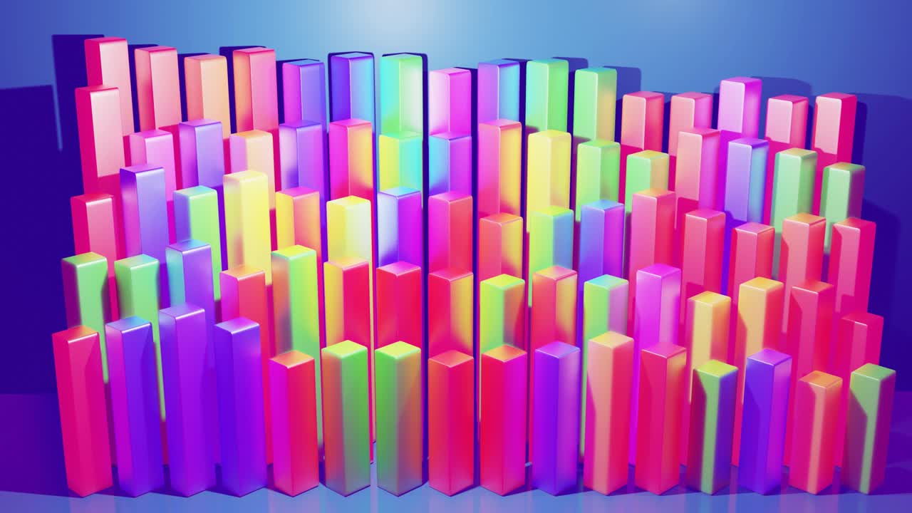 infografías abstractas de columnas multicolores en filas, hermoso fondo para transmisión analítica. fondo de bucle brillante con animación suave. matriz de barras adecuadas para temas financieros
