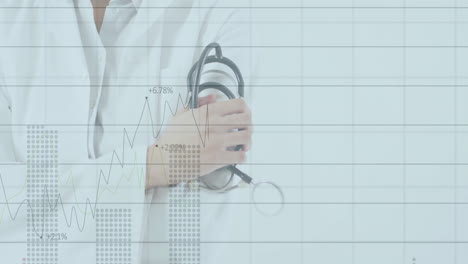 female doctor holding stethoscope against chest, medical finance graphs projecting around her