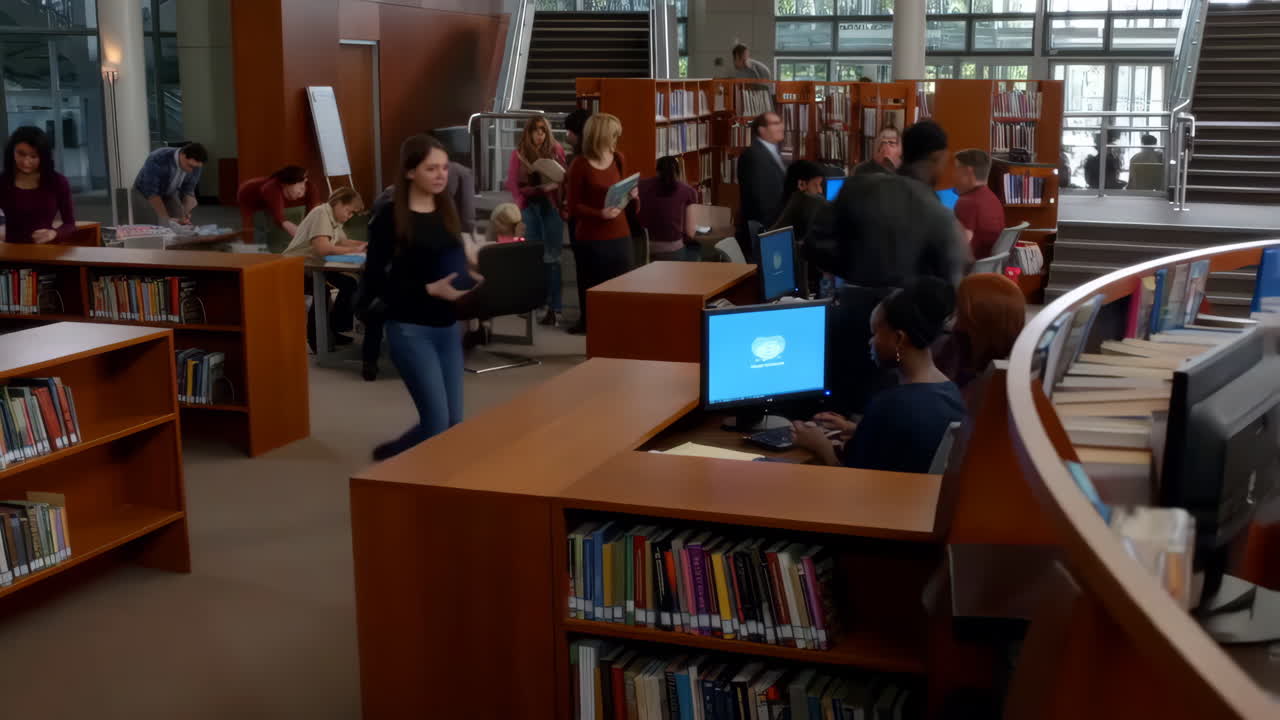 People studying and working in a modern university library