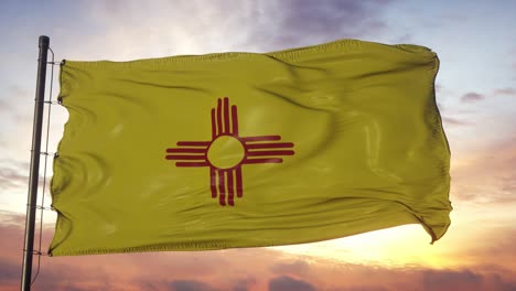 flag of new mexico waving in the wind against deep beautiful sky at sunset