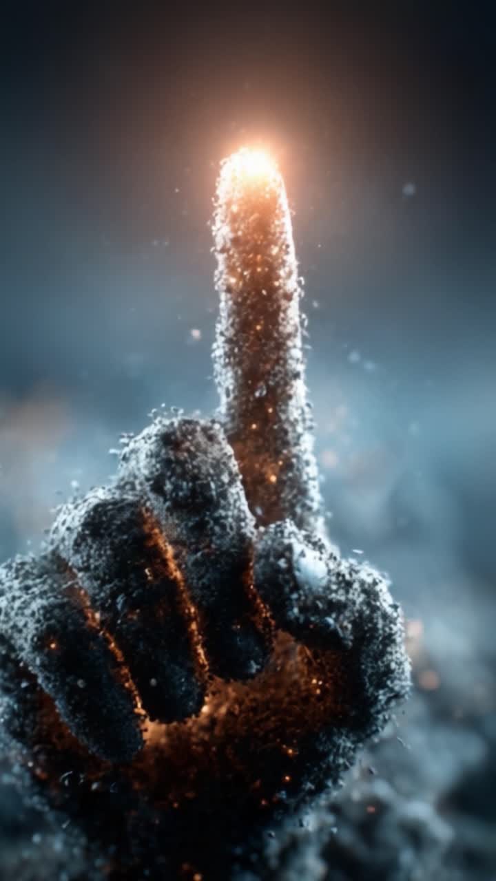 A mesmerizing close-up of a glowing finger raised in a cosmic atmosphere, symbolizing a call to attention or an important message, surrounded by a mist of sparkling particles