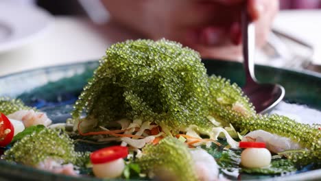 Person enjoying seafood and seaweed salad in Phuket, Thailand