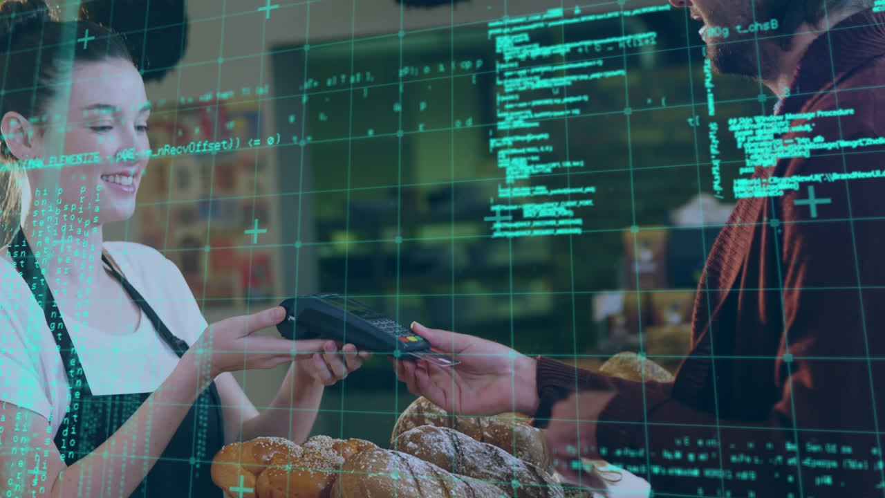 Animation of data processing over caucasian man paying with credit card