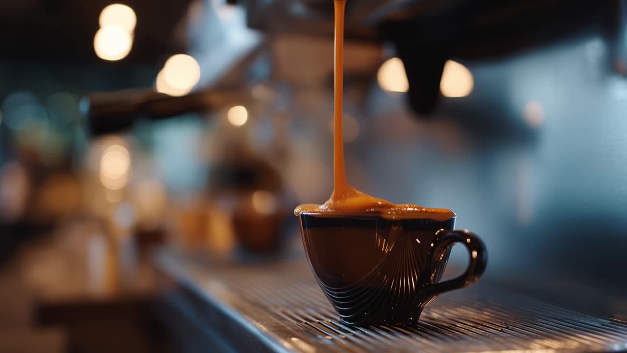 Un caffè espresso intenso si versa in una tazza di ceramica scura. Il vapore sale delicatamente mentre la bevanda riempie il recipiente. Luci calde brillano delicatamente sullo sfondo sfocato. La scena evoca una tranquilla soddisfazione e ritualità