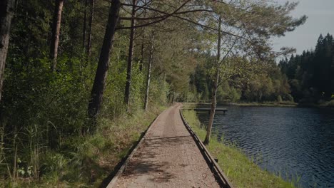 pov walking on wooden path by kypesjön lake in borås sweden - wide shot tracking forward