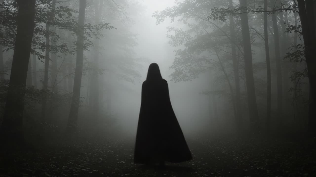 A Mysterious Figure in a Cloak Stands Alone in an Enigmatic Foggy Forest, Exuding an Air of Intrigue and Eerie Silence Among the Shadows of Nature