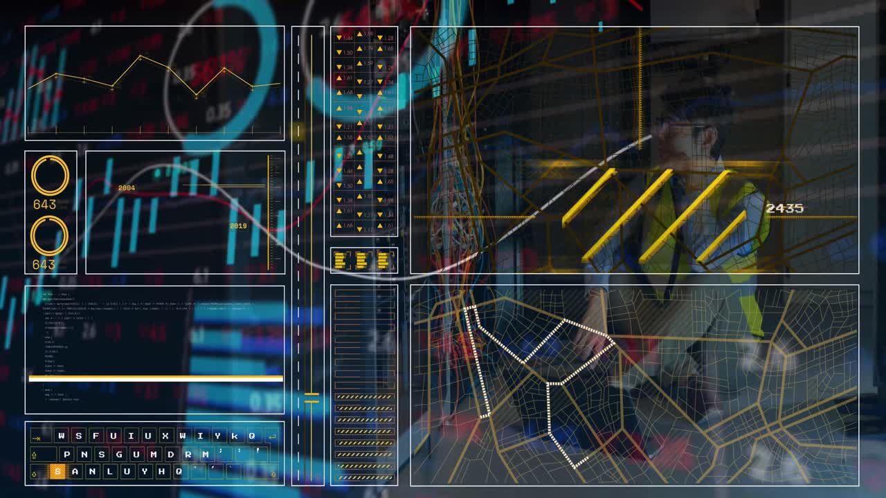 animación de procesamiento de datos sobre ingeniero masculino asiático usando computadora portátil en la sala de servidores de computadora