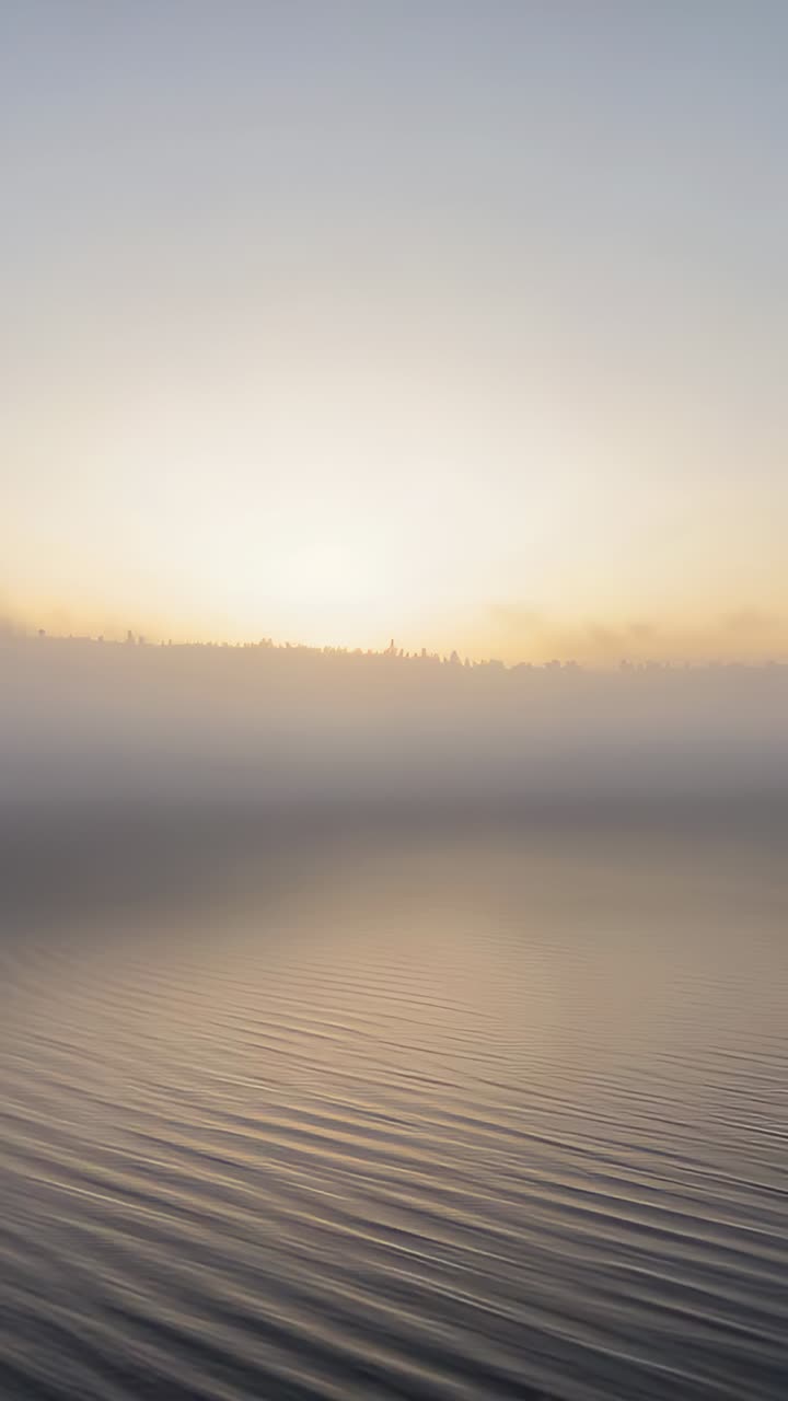Vertical video: Rising sun warming lake horizon, lifting mist and showing trees as ripples glinting
