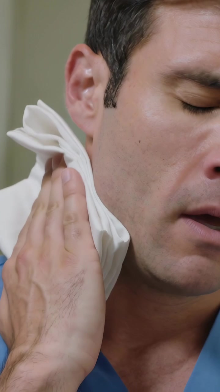 Video verticale: Uomo che porta un asciugamano piegato alla mascella, asciugandosi la mascella destra e il collo in bagno, con divisa blu.
