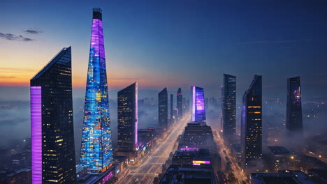 futuristic city skyline at dusk with illuminated skyscrapers