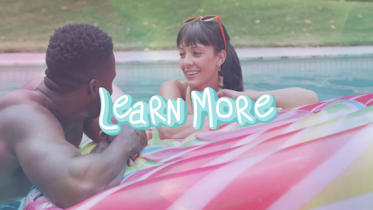 Relaxing on pool float, man and woman with animation text overlay Learn More