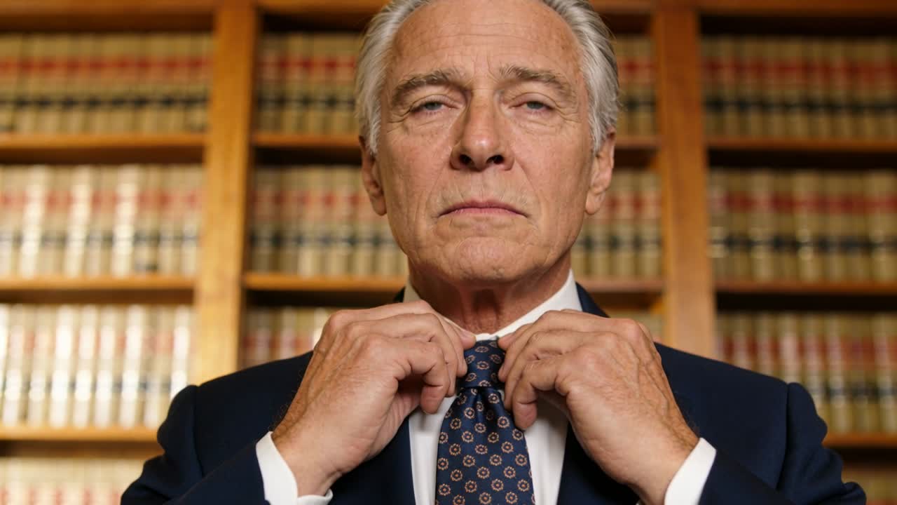 Uomo anziano si aggiusta la cravatta e sistema le mani davanti a scaffali di libri di legge, mentre si prepara per il tribunale.