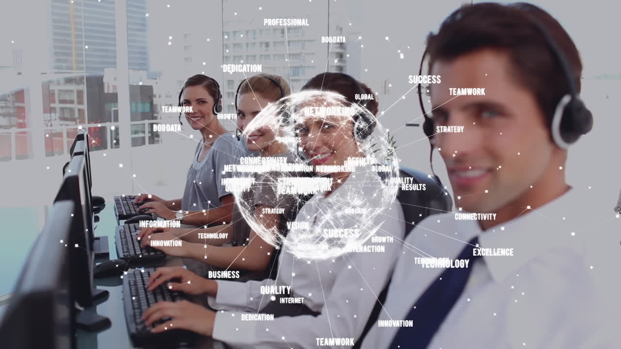 헤드 ⁇ 을 착용 한 사업가 들 과의 전 세계 및 연결 의 애니메이션