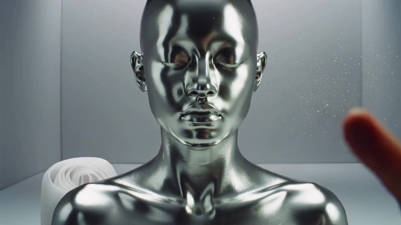 Mano nuda che si muove verso un busto cromato in una stanza bianca, creando riflessi su forme piegate.