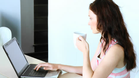 mujer usando una computadora portátil y bebiendo café. sociedad de comunicación