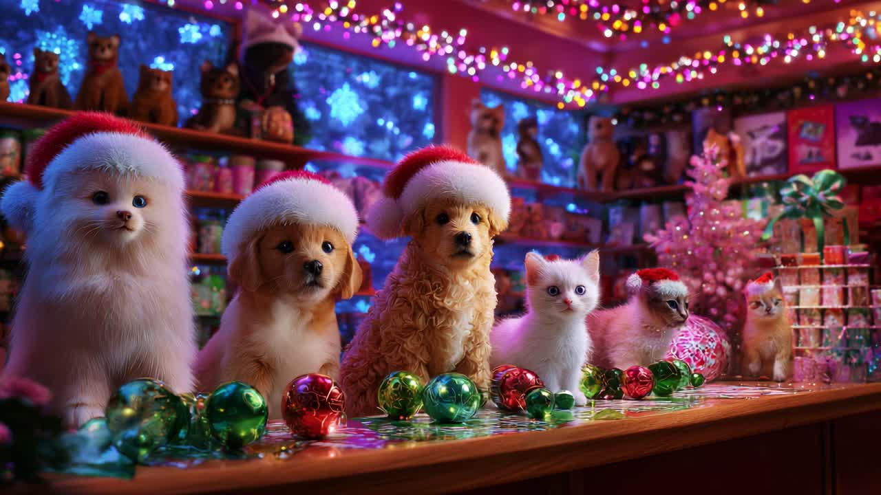 Adorable Pets in Festive Hats Pose Together Amidst a Colorful Holiday Wonderland Filled with Glowing Lights, Sparkling Ornaments, and a Lively Christmas Atmosphere, Capturing the Joy of the Season