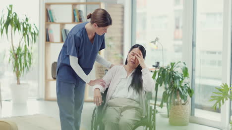 stress, wheelchair or nurse talking to sad woman