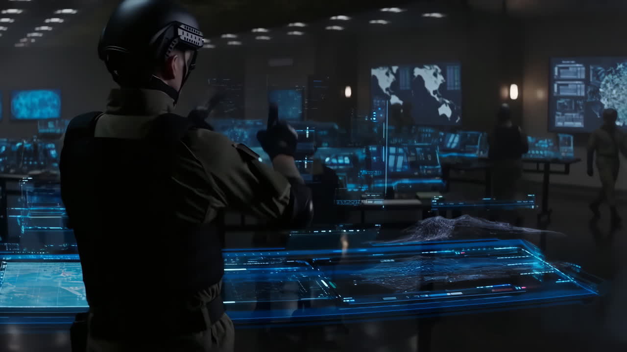 Tactical Operator Interacting with Holographic Map in Futuristic Control Room