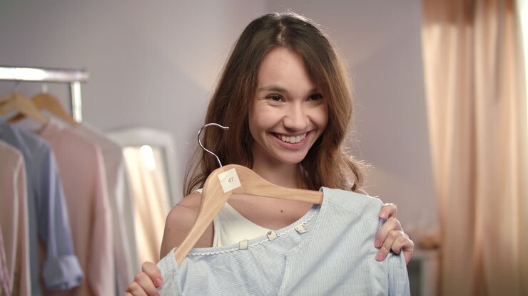 femme heureuse essayant de s'habiller à la maison garde-robe