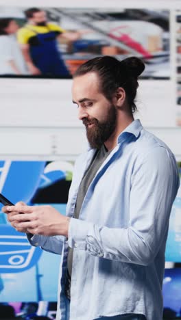 Vertical Video Relaxed young adult connecting on a global social media platform