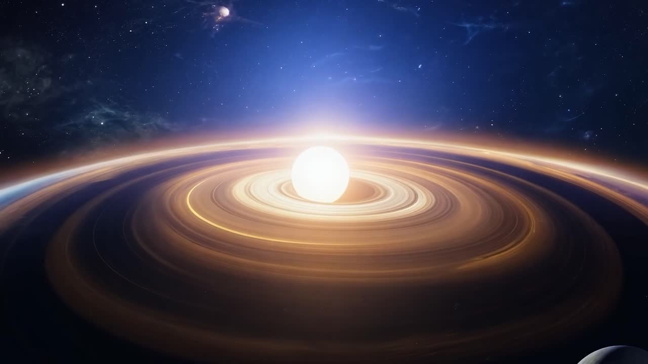 una impresionante vista de un sistema de anillos planetarios con una estrella brillante en el centro, rodeada por una vasta extensión de estrellas y nebulosas