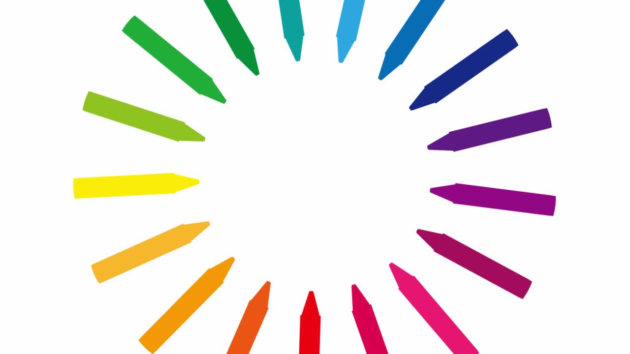 animación de una silueta de bolígrafos de colores arco iris dispuestos en círculo, girando y reduciéndose