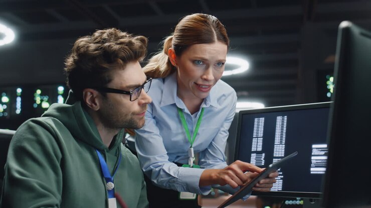 Datasenteranalytikere arbeider i serverrom nærbilde. IT-spesialist viser data