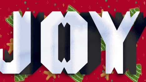 animación de texto de alegría sobre la chimenea y patrón de navidad en fondo rojo.