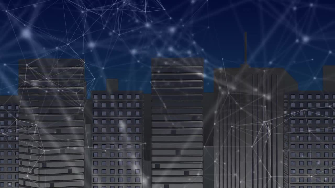 Animation of network of connections moving over city buildings