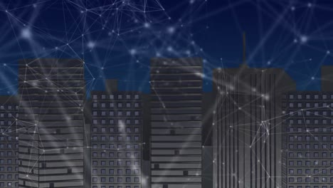 animación de la red de conexiones que se mueven sobre los edificios de la ciudad