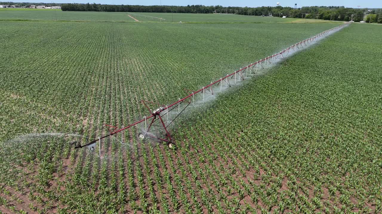 un campo agrícola en el centro de wisconsin es irrigado con un sistema de rociadores