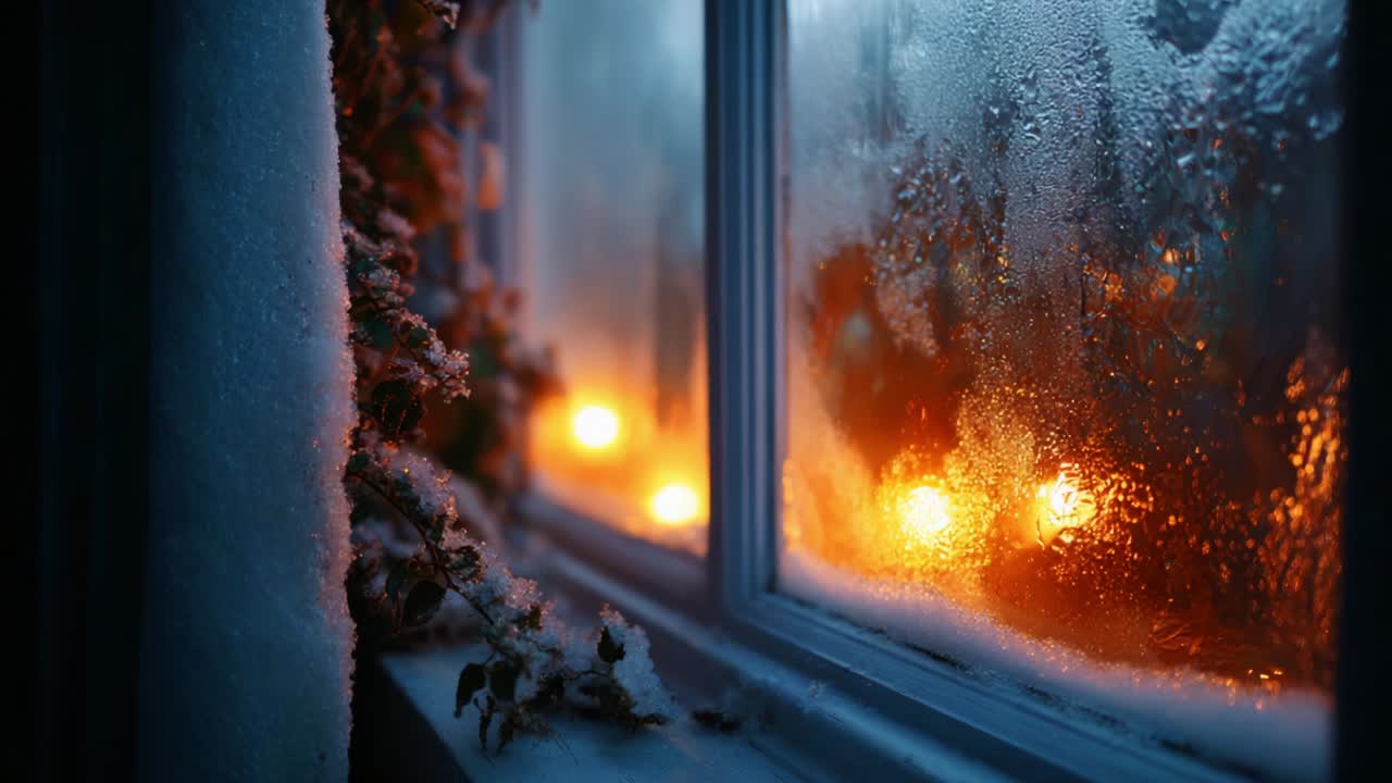 A Tranquil Winter Evening Captured Through a Frosted Window, with Glowing Lights and Snowy Accents Creating a Cozy Atmosphere, Showcasing the Serene Beauty of Winter Nights Indoors