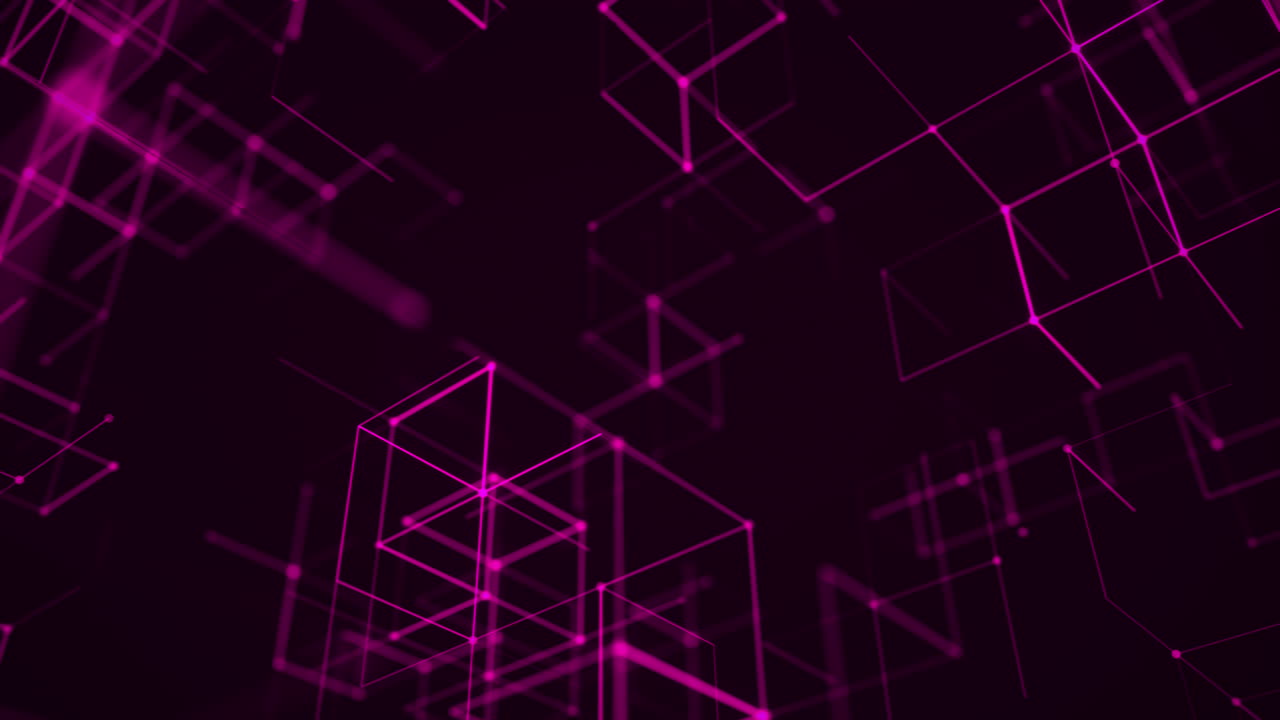 Violet Neon Wireframe Cubes in a Dark Futuristic Grid. Looped 3D rendering