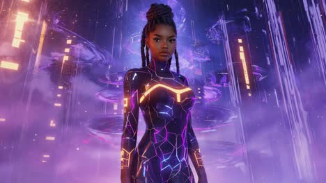 afrofuturistic woman in neon cyberpunk city