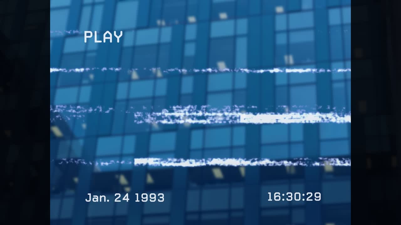 Animation of vhs glitch effect against view of tall building