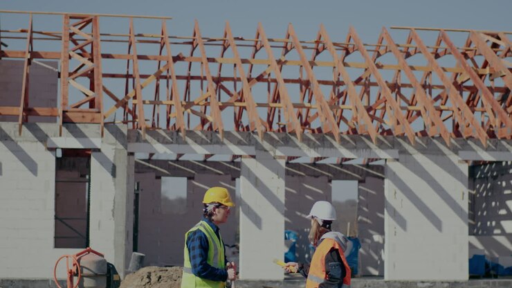 Side view of young female engineer pointing at incomplete roof beam discussing with male coworker at construction site on sunny day
