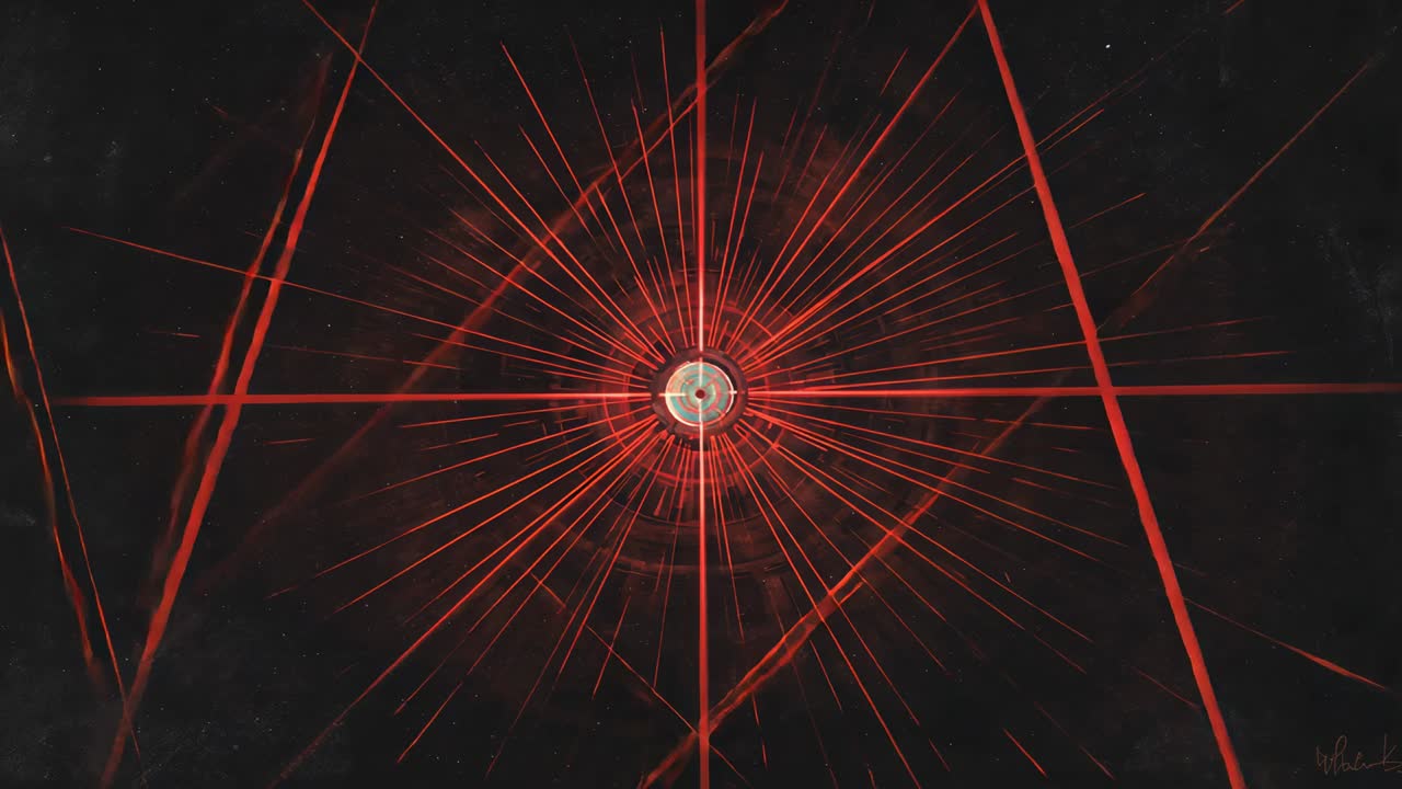 Pulsing central core driving reticle growing red rings, spokes and crosshair on dark void, scanning