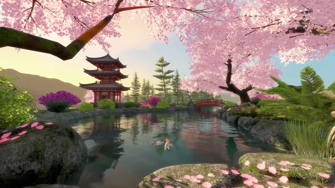 A serene Japanese garden video with cherry blossoms, shot from a low ...